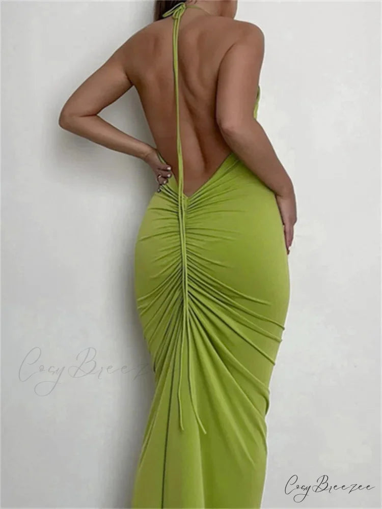 Women Halter Tie-up Backless Slim Fit Solid Ruched Summer Party Sleeveless Off Shoulder Vestido Green / S