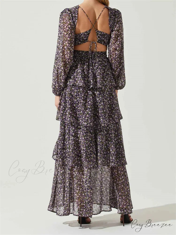 Women High Split Floral Print Puff Sleeve V Neck Layered Ruffles Hem Spring Fall Vestidos