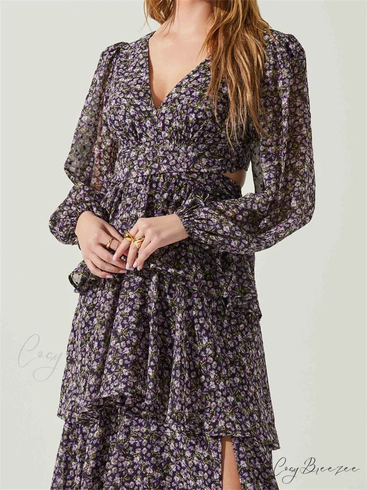 Women High Split Floral Print Puff Sleeve V Neck Layered Ruffles Hem Spring Fall Vestidos