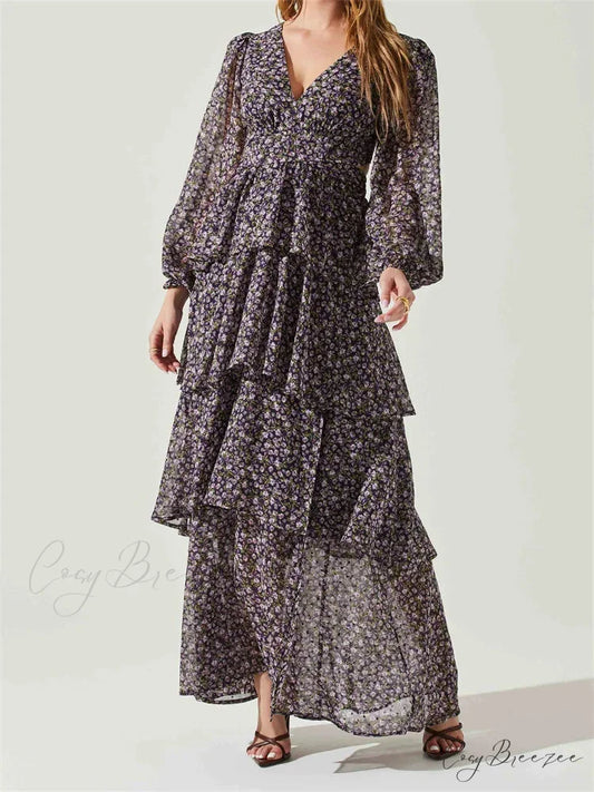 Women High Split Floral Print Puff Sleeve V Neck Layered Ruffles Hem Spring Fall Vestidos BLACK / S