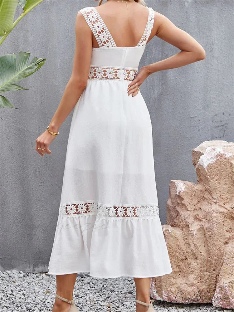 Women Hollow Out Lace Floral Patchwork Square Neck Sleeveless Party Beach Club Summer Streetwear New