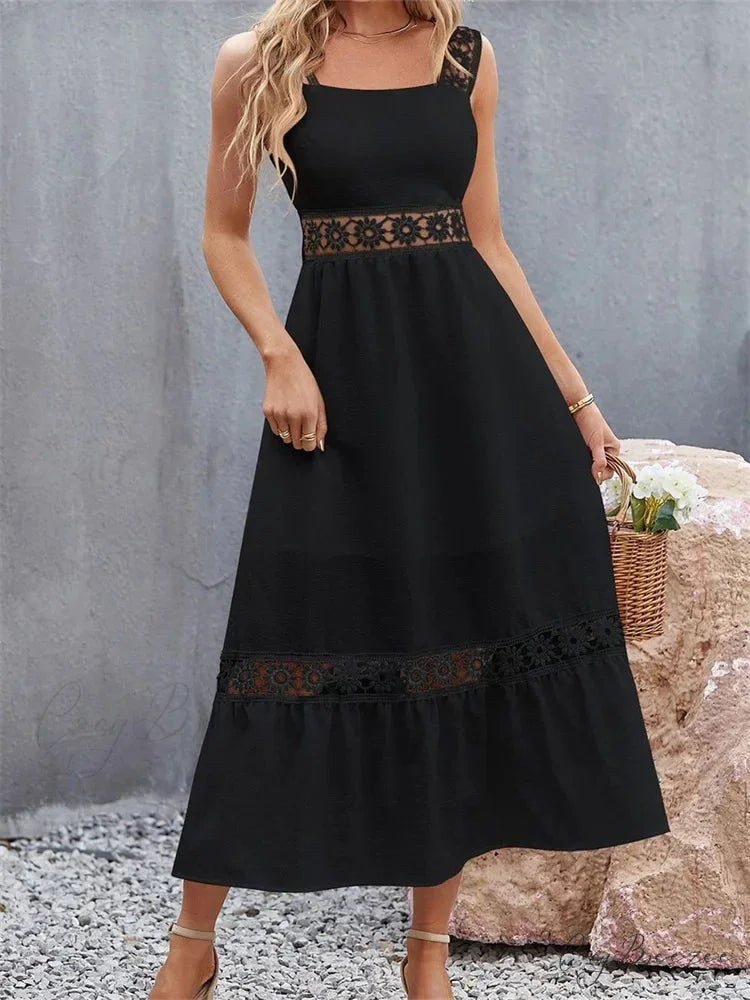 Women Hollow Out Lace Floral Patchwork Square Neck Sleeveless Party Beach Club Summer Streetwear New