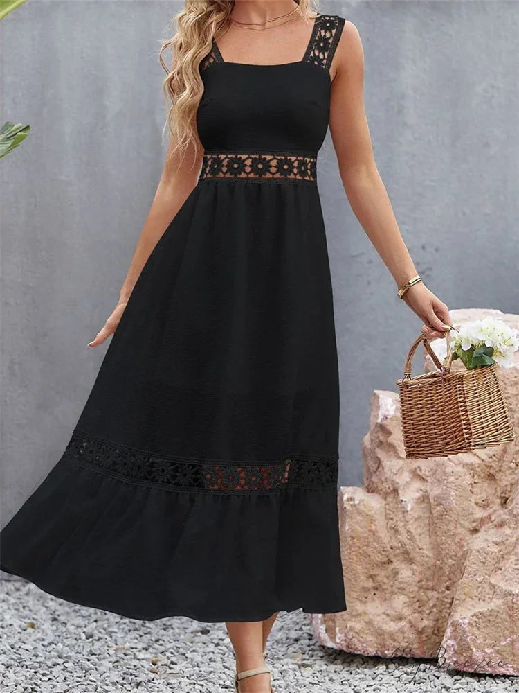 Women Hollow Out Lace Floral Patchwork Square Neck Sleeveless Party Beach Club Summer Streetwear New