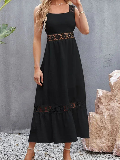 Women Hollow Out Lace Floral Patchwork Square Neck Sleeveless Party Beach Club Summer Streetwear New Black / S