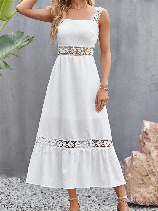 Women Hollow Out Lace Floral Patchwork Square Neck Sleeveless Party Beach Club Summer Streetwear New WHITE / S