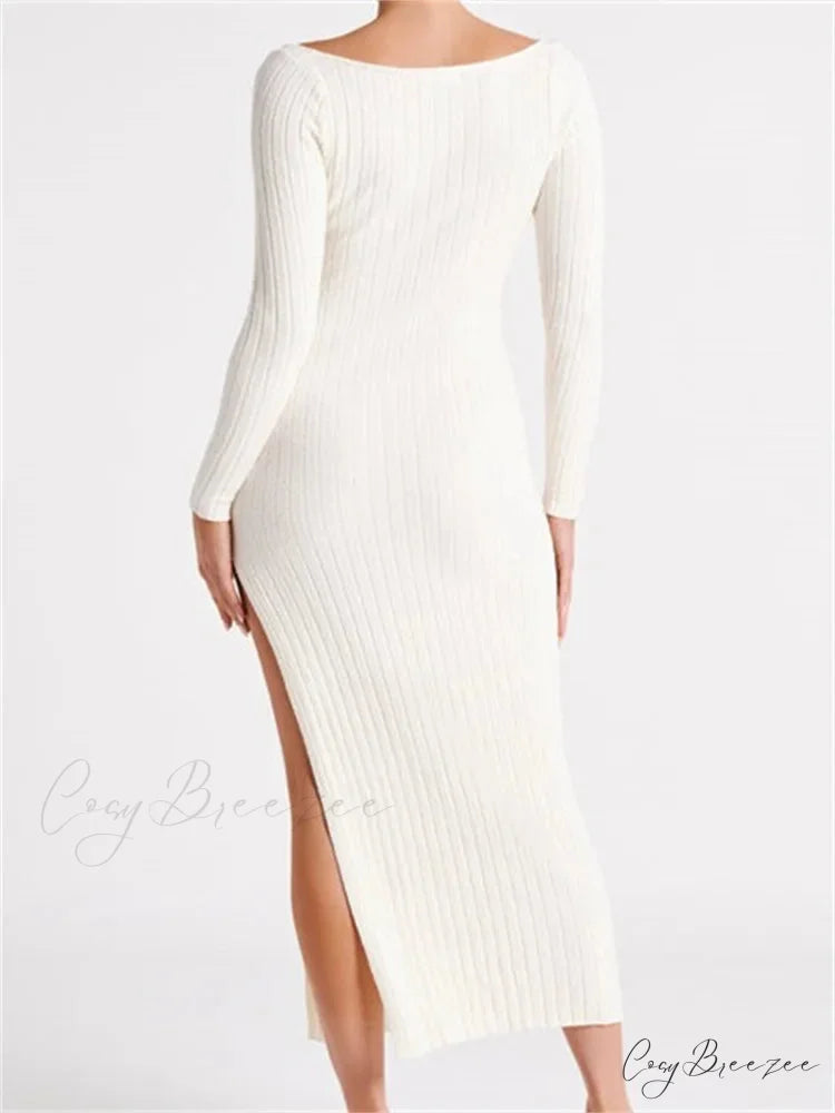 Women Knitted Bodycon Solid Color Ribbed Round Neck Sleeve Side Split Spring Fall Vestidos