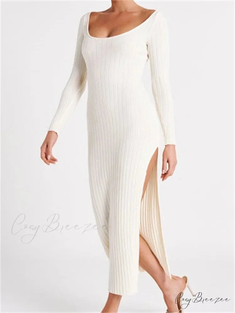 Women Knitted Bodycon Solid Color Ribbed Round Neck Sleeve Side Split Spring Fall Vestidos