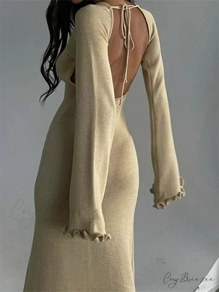 Women Knitted Flare Sleeve Backless Tie-up Round Neck Solid Color Ruffles Hem Beachwear Vestido