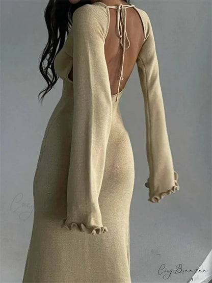 Women Knitted Flare Sleeve Backless Tie-up Round Neck Solid Color Ruffles Hem Beachwear Vestido