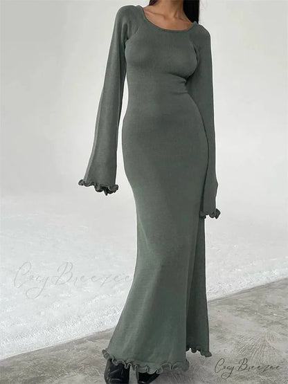 Women Knitted Flare Sleeve Backless Tie-up Round Neck Solid Color Ruffles Hem Beachwear Vestido GRAY / S