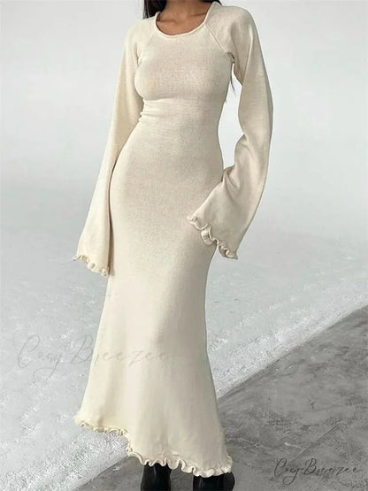 Women Knitted Flare Sleeve Backless Tie-up Round Neck Solid Color Ruffles Hem Beachwear Vestido WHITE / S