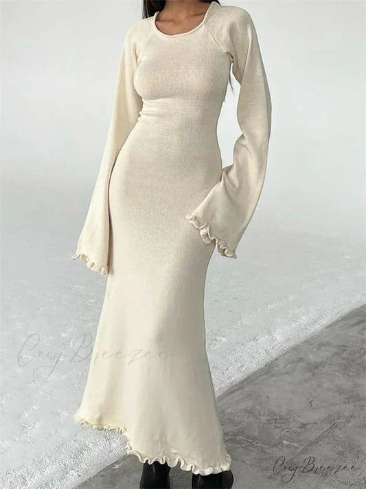 Women Knitted Flare Sleeve Backless Tie-up Round Neck Solid Color Ruffles Hem Beachwear Vestido WHITE / S