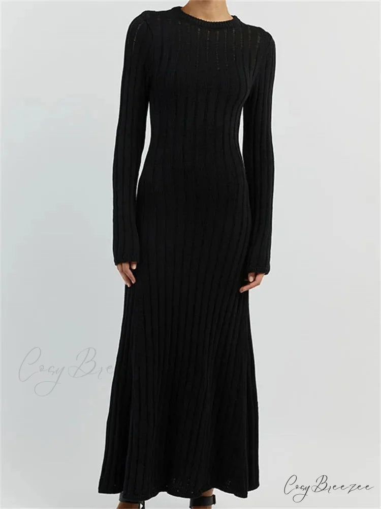 Women Knitted Ribbed Casual Spring Autumn Sleeve Party Beach Cocktail Club Vestidos Streetwear BLACK / S