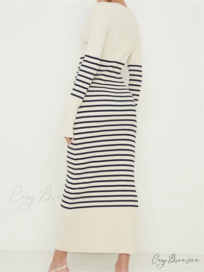 Women Knitted Sleeve Deep V Neck Striped Slim Fit Spring Autumn Female Vestidos Streetwear