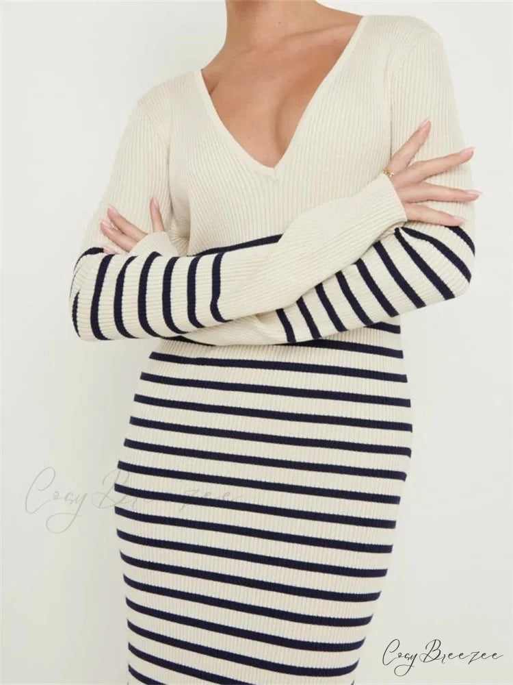 Women Knitted Sleeve Deep V Neck Striped Slim Fit Spring Autumn Female Vestidos Streetwear