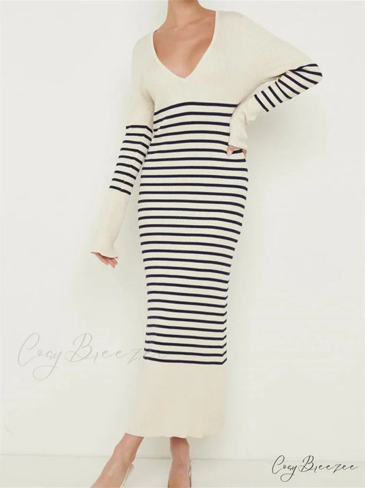 Women Knitted Sleeve Deep V Neck Striped Slim Fit Spring Autumn Female Vestidos Streetwear WHITE / S