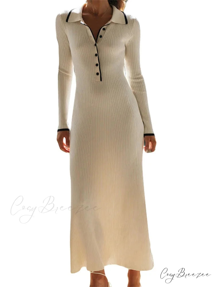 Women Knitted Sleeve Turn-down Neck Buttons Up Ribbed Party Slim Fit Fall Female Vestidos