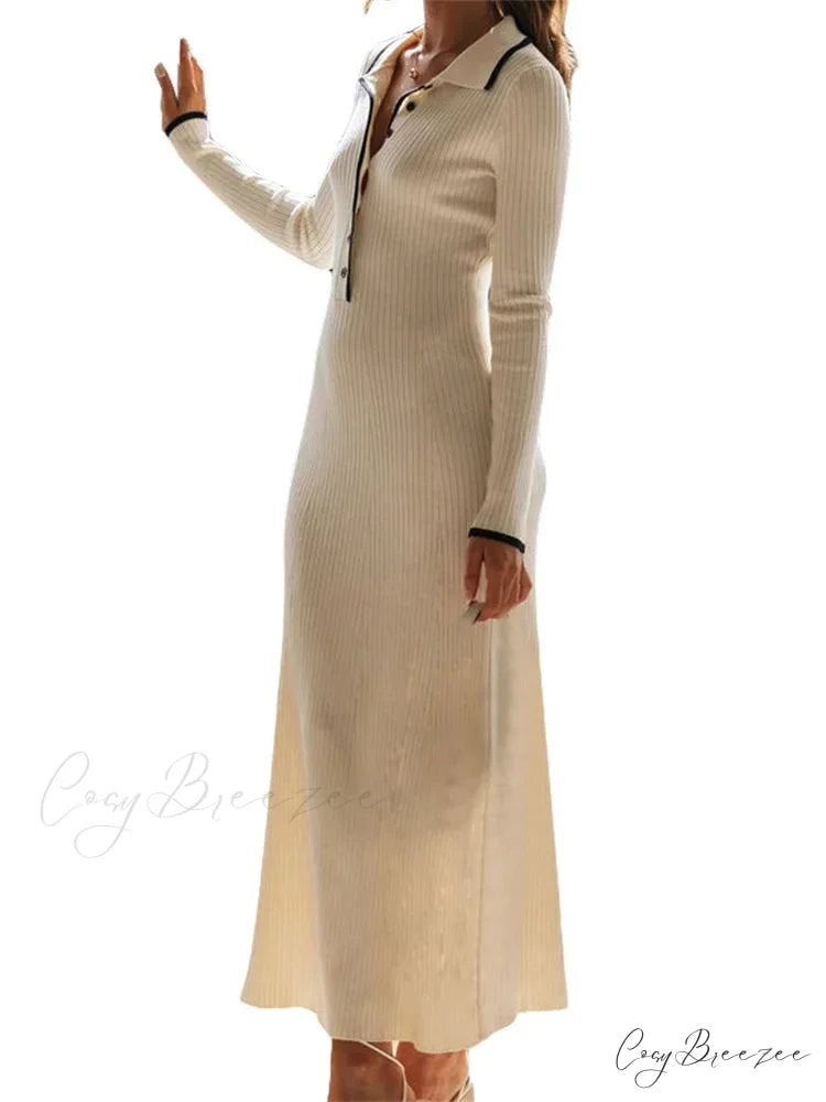 Women Knitted Sleeve Turn-down Neck Buttons Up Ribbed Party Slim Fit Fall Female Vestidos