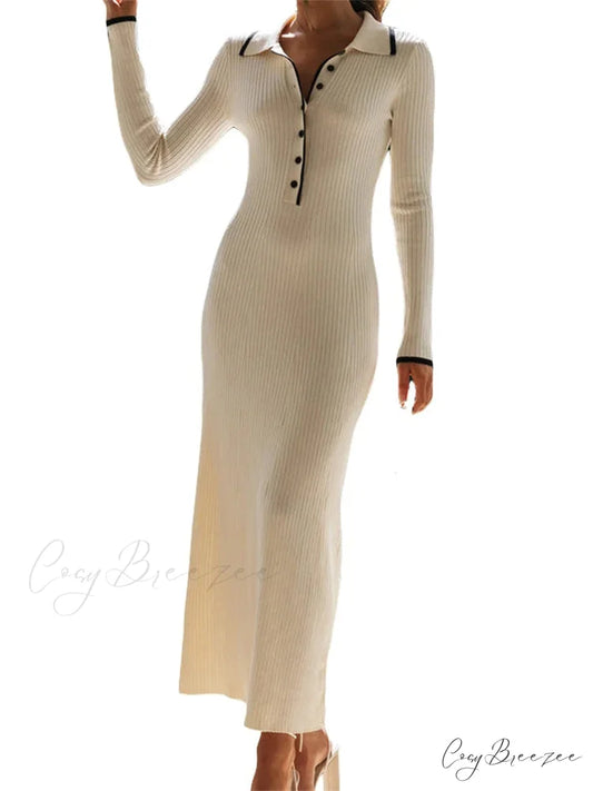 Women Knitted Sleeve Turn-down Neck Buttons Up Ribbed Party Slim Fit Fall Female Vestidos WHITE / S