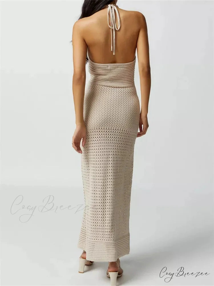 Women Knitted Sleeveless Halter Tie-up Backless Hollow Out Summer Off Shoulder Beach Female Vestidos