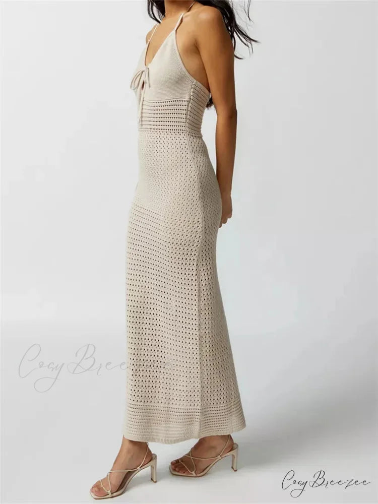 Women Knitted Sleeveless Halter Tie-up Backless Hollow Out Summer Off Shoulder Beach Female Vestidos