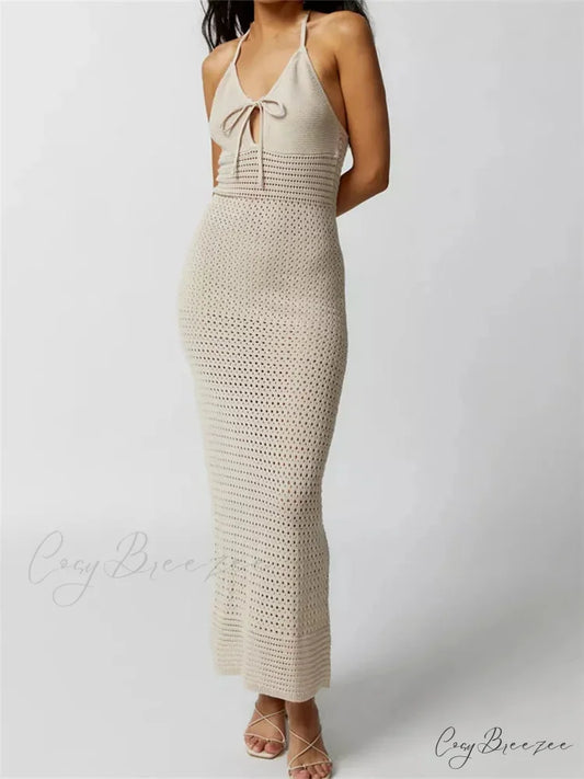 Women Knitted Sleeveless Halter Tie-up Backless Hollow Out Summer Off Shoulder Beach Female Vestidos BEIGE / S