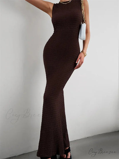 Women Knitted Sleeveless Round Neck Solid Color Slim Fit Ruched Tank Cocktail Party Female Vestidos