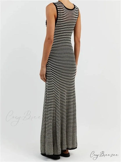 Women Knitted Sleeveless Round Neck Striped Slim Summer Club Party Female Vestidos Streetwear