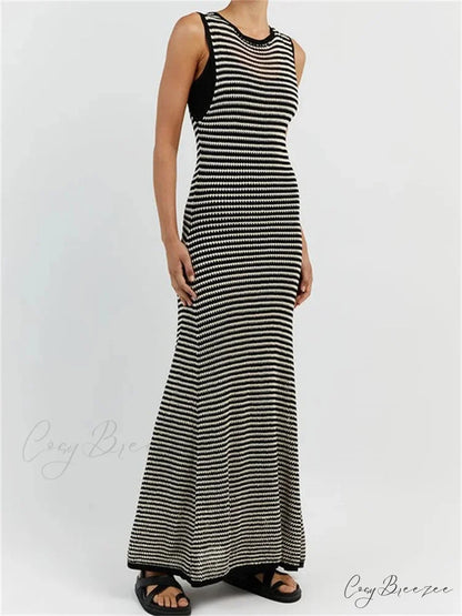 Women Knitted Sleeveless Round Neck Striped Slim Summer Club Party Female Vestidos Streetwear