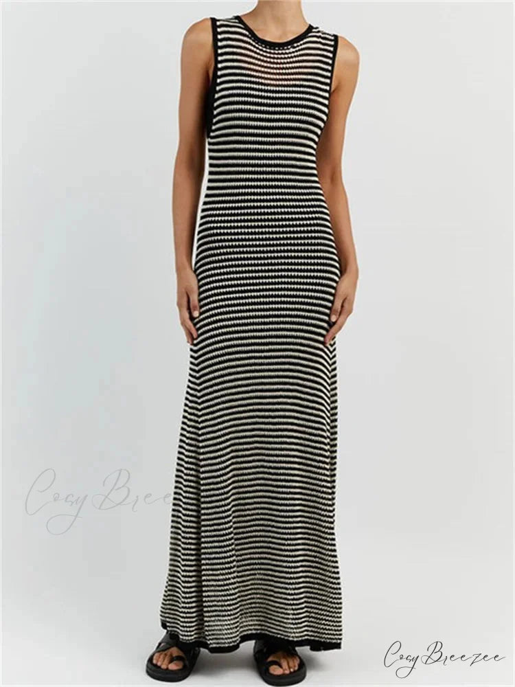 Women Knitted Sleeveless Round Neck Striped Slim Summer Club Party Female Vestidos Streetwear Zebra-stripe / S