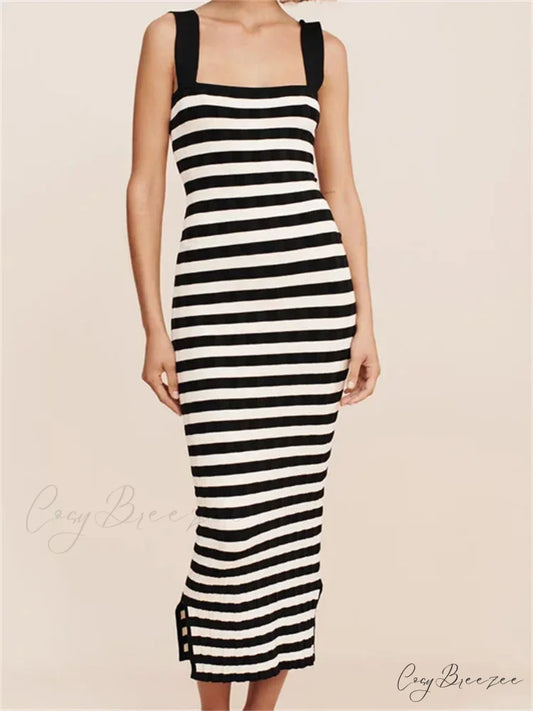 Women Knitted Sleeveless Square Neck Striped Print Beach Tank Side Split Summer Female Vestidos