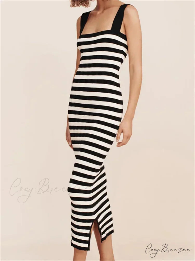 Women Knitted Sleeveless Square Neck Striped Print Beach Tank Side Split Summer Female Vestidos