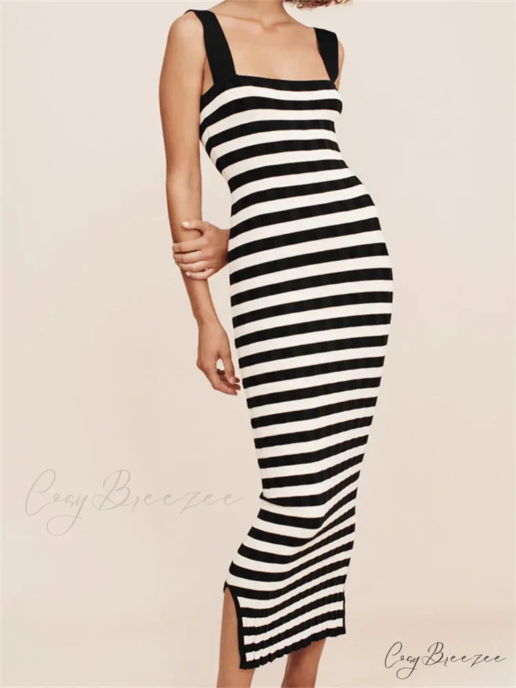 Women Knitted Sleeveless Square Neck Striped Print Beach Tank Side Split Summer Female Vestidos