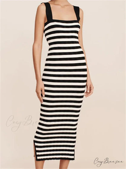 Women Knitted Sleeveless Square Neck Striped Print Beach Tank Side Split Summer Female Vestidos BLACK / S