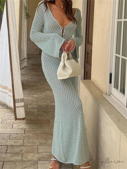 Women Knitted Solid Hollow Out Deep V-Neck Sleeve Bodycon Spring Autumn Backless Vestidos
