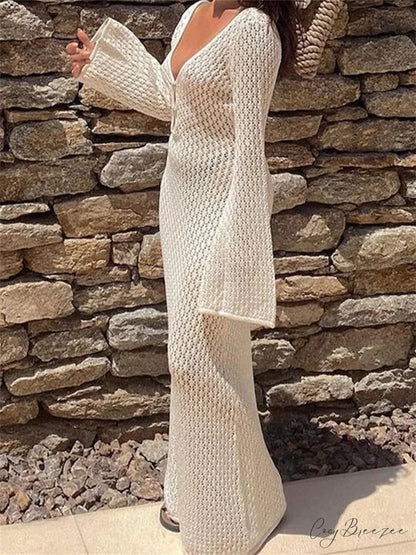 Women Knitted Solid Hollow Out Deep V-Neck Sleeve Bodycon Spring Autumn Backless Vestidos