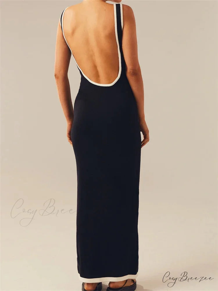 Women Knitted Tank Summer Contrast Color Hollow Out Backless Party Cocktail Beach Club Vestido Streetwear