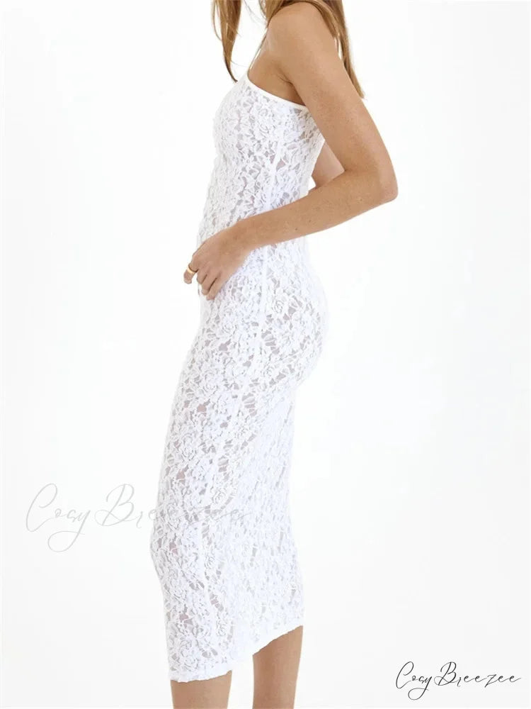 Women Lace Floral See Through Mid Elegant Sleeveless Criss-cross Off Shoulder Party Summer Vestidos