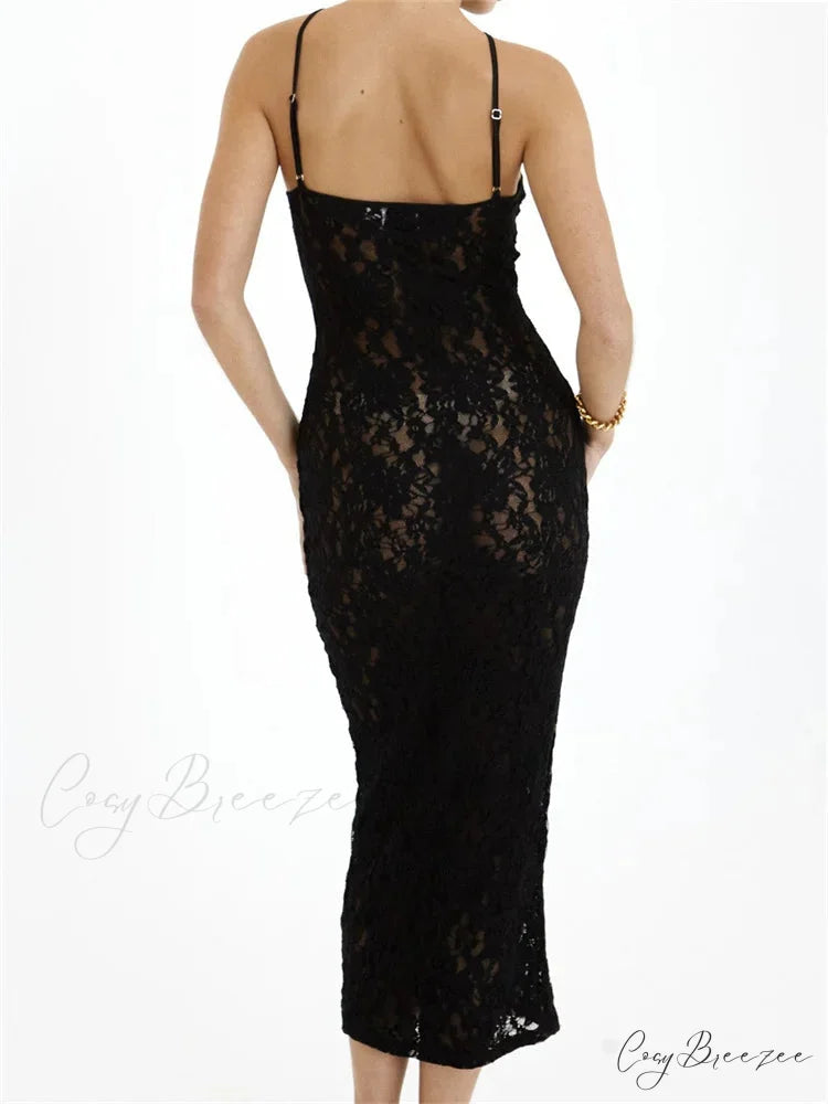 Women Lace Floral See Through Mid Elegant Sleeveless Criss-cross Off Shoulder Party Summer Vestidos