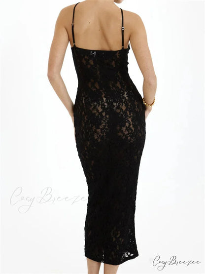 Women Lace Floral See Through Mid Elegant Sleeveless Criss-cross Off Shoulder Party Summer Vestidos