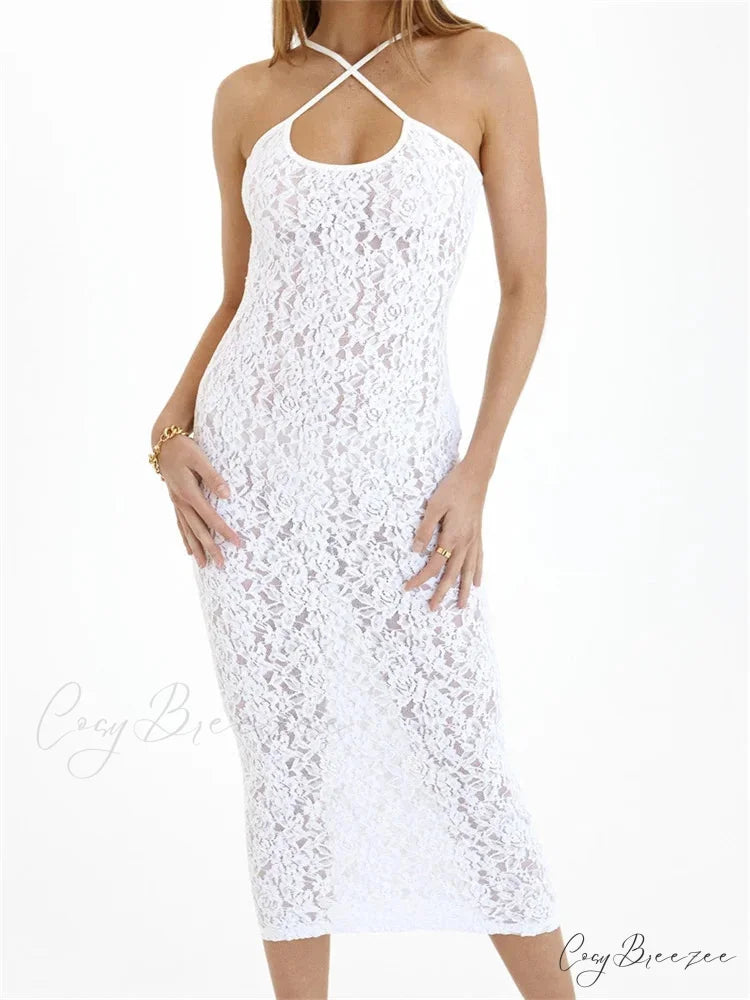 Women Lace Floral See Through Mid Elegant Sleeveless Criss-cross Off Shoulder Party Summer Vestidos WHITE / S