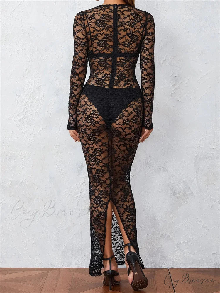 Women Lace Floral See Through Vintage Sleeve Round Neck Solid Back Split Party Female Vestidos