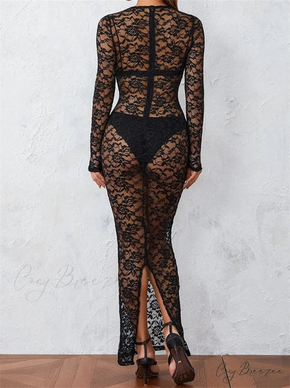 Women Lace Floral See Through Vintage Sleeve Round Neck Solid Back Split Party Female Vestidos