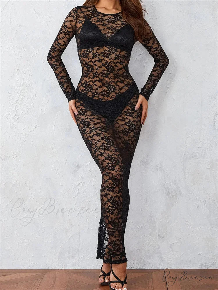 Women Lace Floral See Through Vintage Sleeve Round Neck Solid Back Split Party Female Vestidos