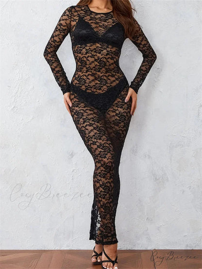 Women Lace Floral See Through Vintage Sleeve Round Neck Solid Back Split Party Female Vestidos