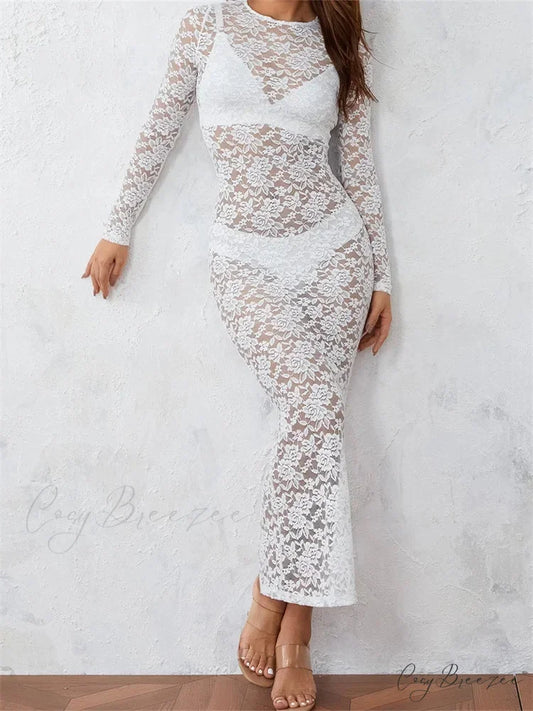 Women Lace Floral See Through Vintage Sleeve Round Neck Solid Back Split Party Female Vestidos WHITE / S