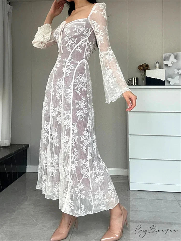 Women Lace Flower Flare Sleeve Square Neck Tie-up Spring Fall Solid Party Female Vestidos