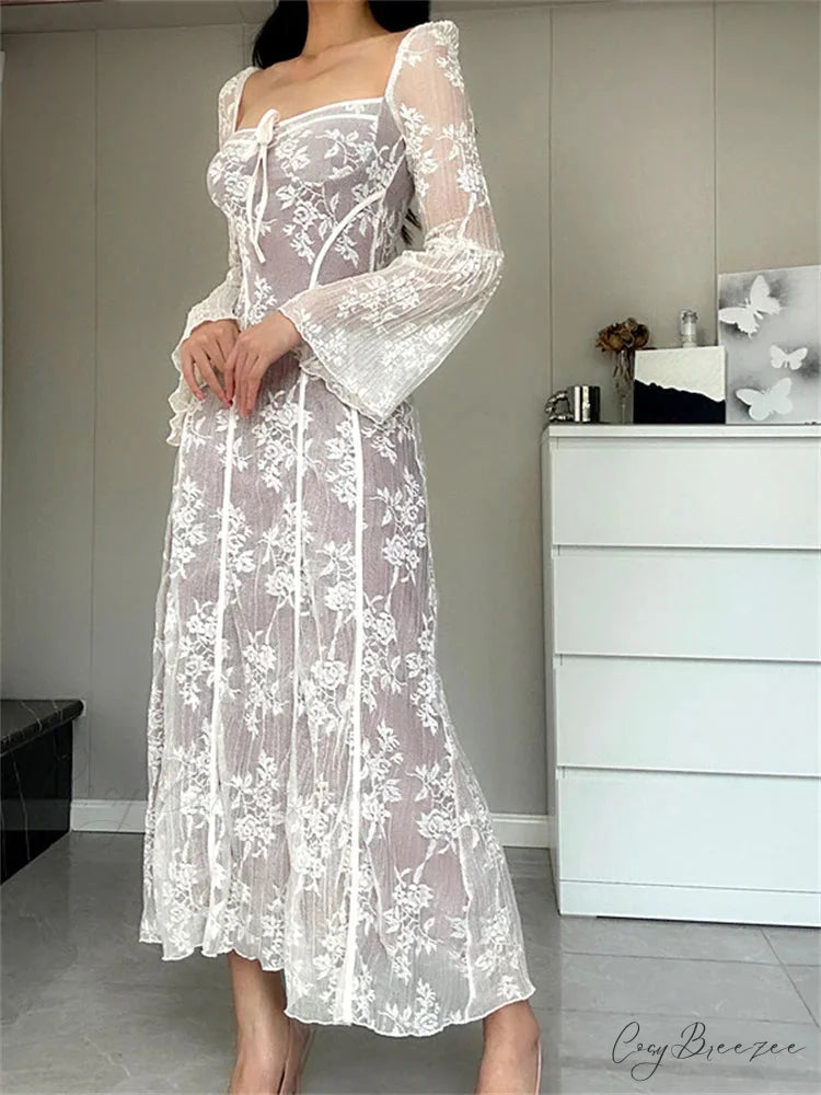 Women Lace Flower Flare Sleeve Square Neck Tie-up Spring Fall Solid Party Female Vestidos WHITE / S