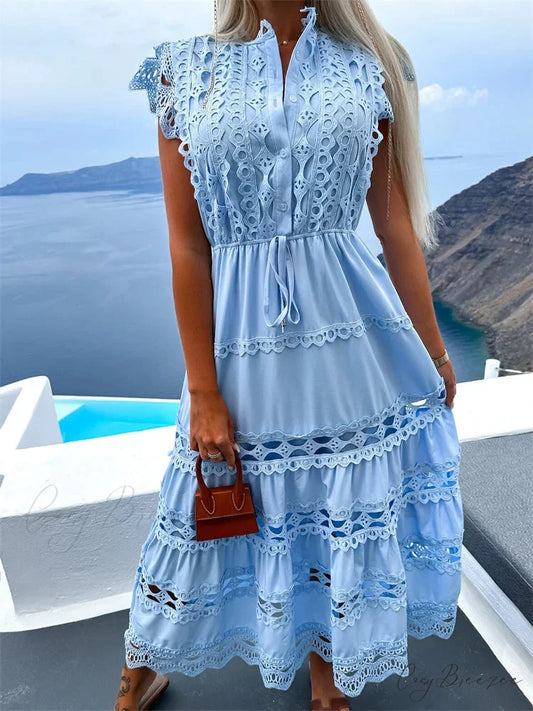 Women Lace Hollow Out Sleeve Front Buttons Up V-Neck Patchwork Loose Party Female Vestidos SKY BLUE / S