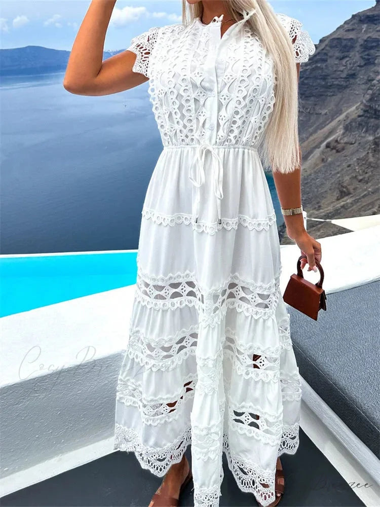 Women Lace Hollow Out Sleeve Front Buttons Up V-Neck Patchwork Loose Party Female Vestidos WHITE / S
